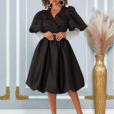 Women's V-Neck Puff Sleeves Formal Party Bridesmaid Dress