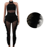 Women Sexy Solid Feather Trim Patchwork Sleeveless Jumpsuit