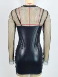 Women mesh long-sleeved Top and suspender sexy Mini Bodycon dress two-piece set