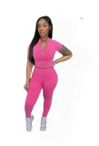 Women Casual Ribbed Zipper Top and Pant Two-piece Set