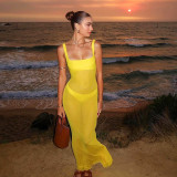 Women Summer Sexy Solid Square Neck Mesh See-Through Maxi Dress