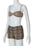 Women summer sexy leopard print lace Halter Neck Top And Ruffles shorts two-piece set