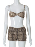 Women summer sexy leopard print lace Halter Neck Top And Ruffles shorts two-piece set