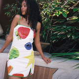 Women's Summer Fruit Print Casual Sleeveless Strap Mini Dress