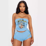 Women Print Chest wrap Top and shorts two-piece set