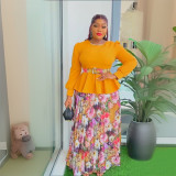 Plus Size African Women Top+ Printed Skirt Two-piece Set