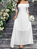 Women Off Shoulder Lace chiffon Half-Sleeve Wedding Bridesmaid Dress Elegant Long Dress