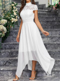 Spring Summer Women's Short Sleeve High Neck Lacechiffon Bridesmaid Dress