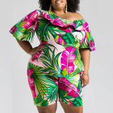 Summer Women's Sexy Fashion Print Ruffled Slash Shoulder Plus Size Two Piece Shorts Set