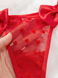 Summer Heart Print See-Through Bow Mesh Two-Piece Sexy Lingerie Set