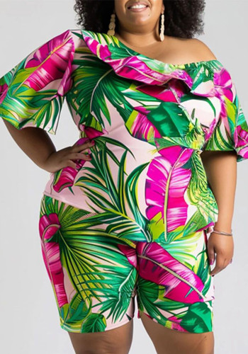 Summer Women's Sexy Fashion Print Ruffled Slash Shoulder Plus Size Two Piece Shorts Set