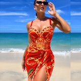Women Printed Bikini Cover Up One Piece Swimwear Two Piece Set