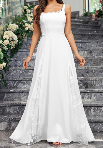 Summer Elegant Wedding Gown White Bridesmaid Dress Sleeveless Square Neck Large Swing Lace Dress