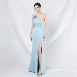 One Shoulder Beading Straps Flower Formal Dinner Wedding Gown Long Evening Dress