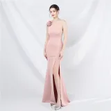 One Shoulder Beading Straps Flower Formal Dinner Wedding Gown Long Evening Dress