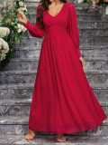 Women's Spring Summer V-Neck Long-Sleeved Chiffon Casual Dress