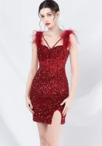 Feather Strap Sequined Short Evening Dress