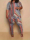 Stylish Plus Size Casual Printed Short Sleeve Two Piece Pants Set