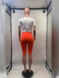 Women's Fashionable Printed T-Shirt Solid Color Slim Midi Shorts Two Piece Set