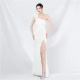 One Shoulder Beading Straps Flower Formal Dinner Wedding Gown Long Evening Dress