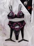 Fashion Flower Embroidery Mesh Sexy Lingerie Set