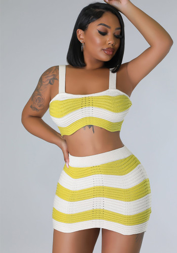 Summer Fashionable Contrasting Stripes Sexy Knitting High Waist Two Piece Skirt Set
