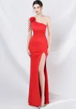 One Shoulder Beading Straps Flower Formal Dinner Wedding Gown Long Evening Dress