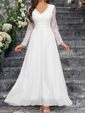 Women's Long Sleeve V Neck Low Back Lace Chiffon Wedding Bridesmaid Dress Formal Party Gown