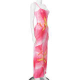 Women Summer Chic Floral Print Strap Slit Dress