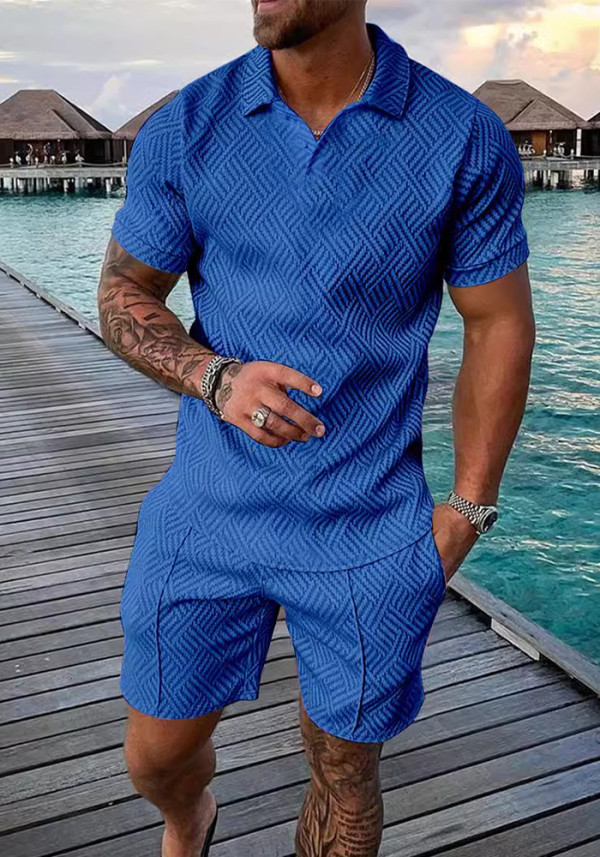 Men's Summer Fashion Casual Printed Turndown Collar Polo Shirt Shorts Two Piece Set