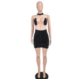 Fashion Women's Sexy Mesh Sequin Halter Neck Sleeveless Bodycon Nightclub Dress