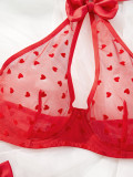 Summer Heart Print See-Through Bow Mesh Two-Piece Sexy Lingerie Set