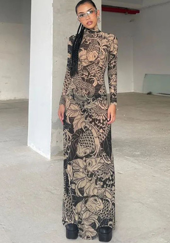 Sexy Fashion Printed Mesh Round Neck Long Sleeve Long Dress