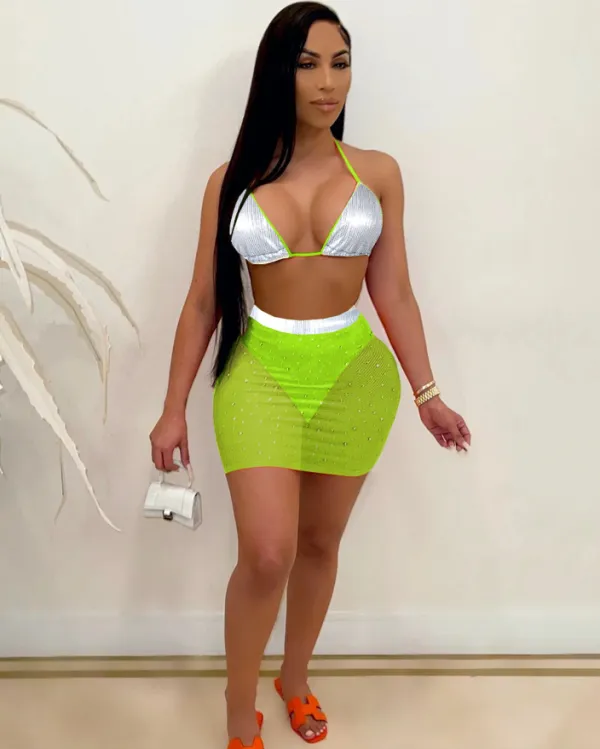 Spring And Summer Swimwear Women's Bra Mesh Sequin Skirt Two-Piece Set