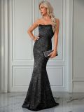 Women Glitter Strapless Backless Maxi Elegant Mermaid Evening Dress