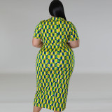 Plus Size Women Button Turndown Collar Plaid Short Sleeve Maxi Dress
