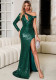 Women Sequin Slash Shoulder Hollow Slit Evening Dress