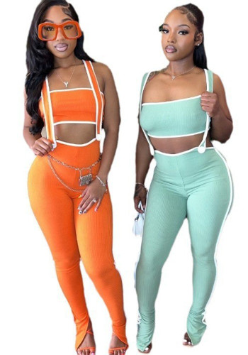Women Stretch Ribbed Sexy Chest-Wrapped Top Overalls Two-piece Set