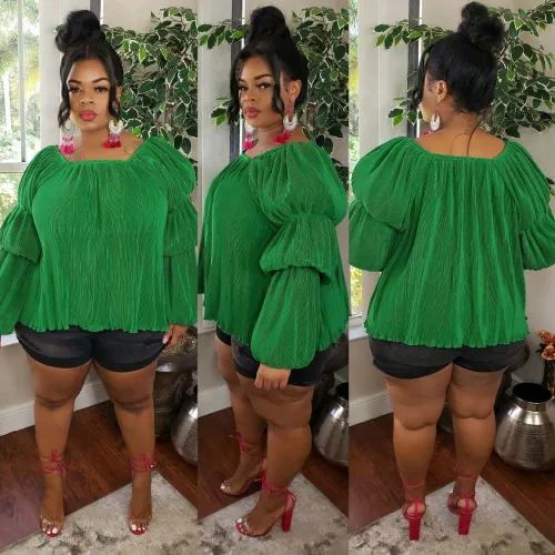 Plus Size Women Sexy Round Neck Puff Sleeve Top