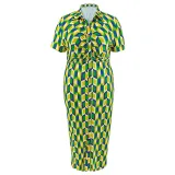 Plus Size Women Button Turndown Collar Plaid Short Sleeve Maxi Dress