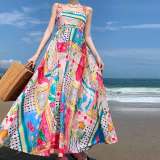 Women summer graffiti print sleeveless suspender Dress