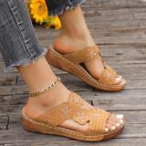 Plus Size Flower Slippers Women's Slip-On Stitched Flat Thick Sole Open Toe Hollow Sandals
