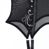 Black Flowers Embroidered Strap Sexy Lingerie With Long Fishnet Stockings