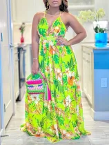 Summer Fashionable Chic V-Neck Strap Printed Beach Long Sexy Dress