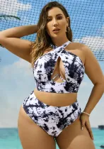 Cross Neck Printed Sexy Bikini Set Plus Size Two Piece Swimsuit