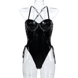 Solid Color Pu Leather Side Lace-Up Tight Fitting Strap Bodysuit Women's Lingerie