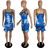 Women Summer Sexy Butterfly Print Strap Dress