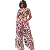 Spring And Summer Multicolor Short Sleeve Top Wide Leg Trousers Plus Size Women's Casual Two Piece Pants Set