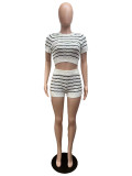 Women Casual Sweater Striped Top and Shorts Two-piece Set