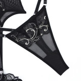 Black Flowers Embroidered Strap Sexy Lingerie With Long Fishnet Stockings